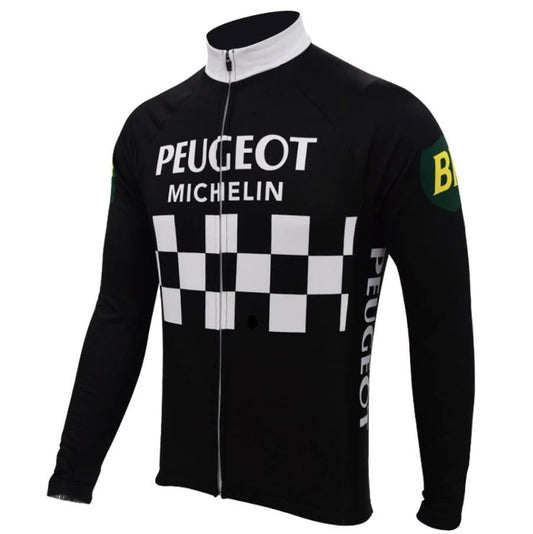 Peugeot BP Michelin Long Sleeve Black Retro Cycling Jersey(with Fleece Option)