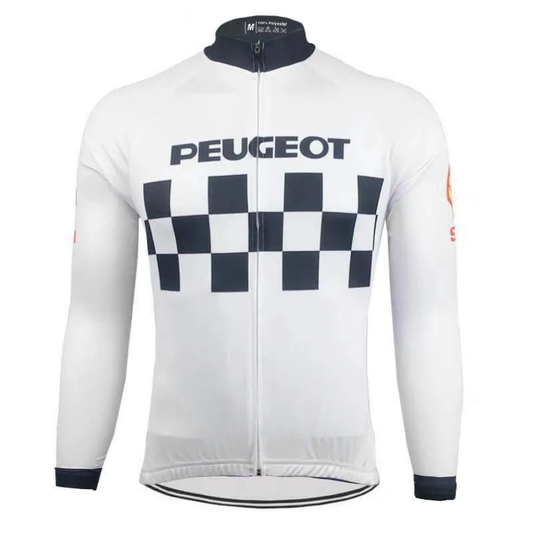 Peugeot  Michelin Long Sleeve Checkerboard pattern Retro Cycling Jersey(with Fleece Option)