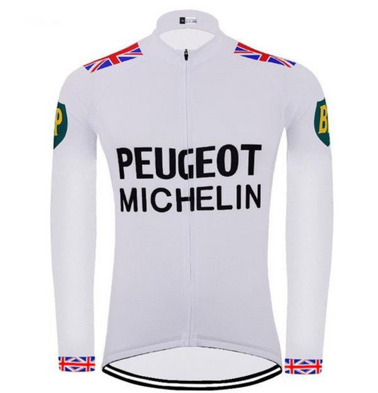 Peugeot BP Michelin Long Sleeve White Retro Cycling Jersey