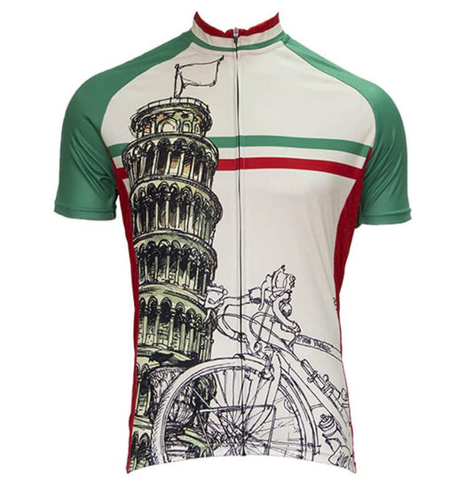 Jersey de ciclismo retro con la Torre de Pisa y la bicicleta de Italia